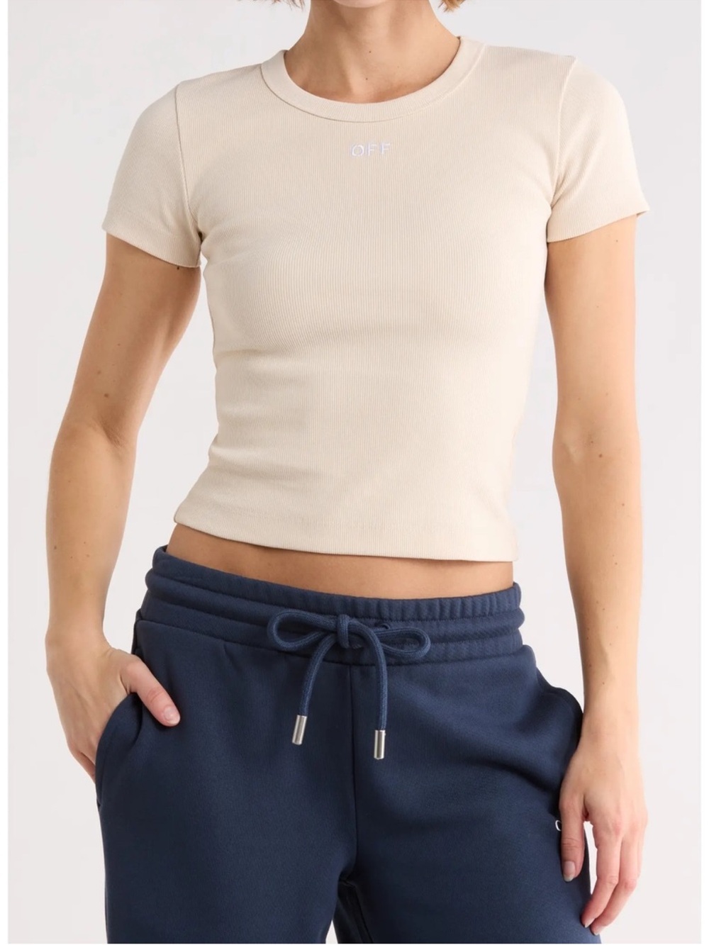 Off-White Cream Ribbed Short Sleeve Ribbed Tee